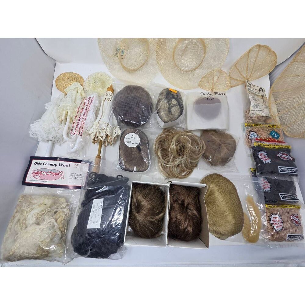 DOLL MAKING HATS UMBRELLAS WIGS HAIR VINTAGE LOT OF 27 VARIOUS SIZES MOSTLY NEW